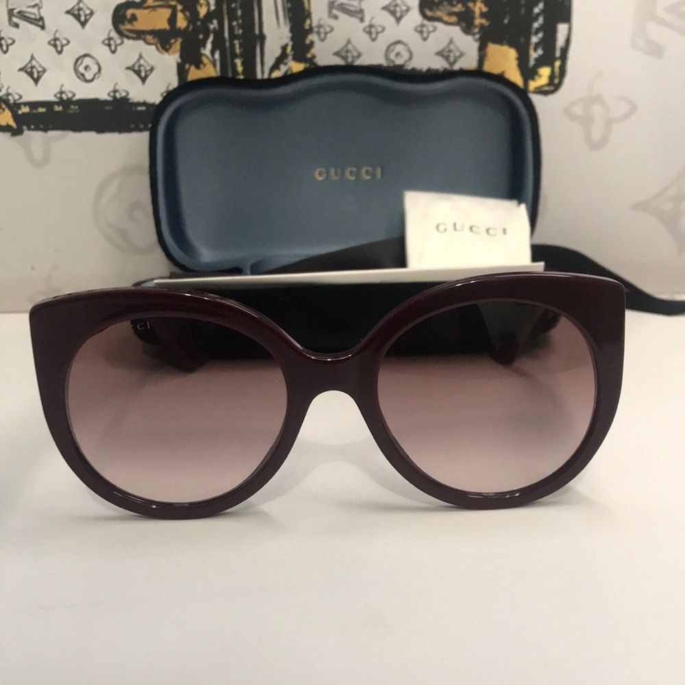 New Authentic Gucci GG0325S 007 Burgundy Cat-Eye Sunglasses Red Lenses - Picture 5 of 12